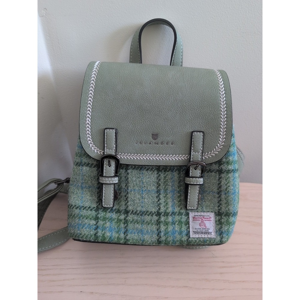 Harris Tweed Islander Mini Jura Backpack Plaid Wool Leather Scottish EUC